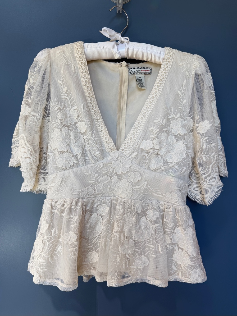 Flying Tomato Cream Floral Lace V-Neck Peplum Blouse